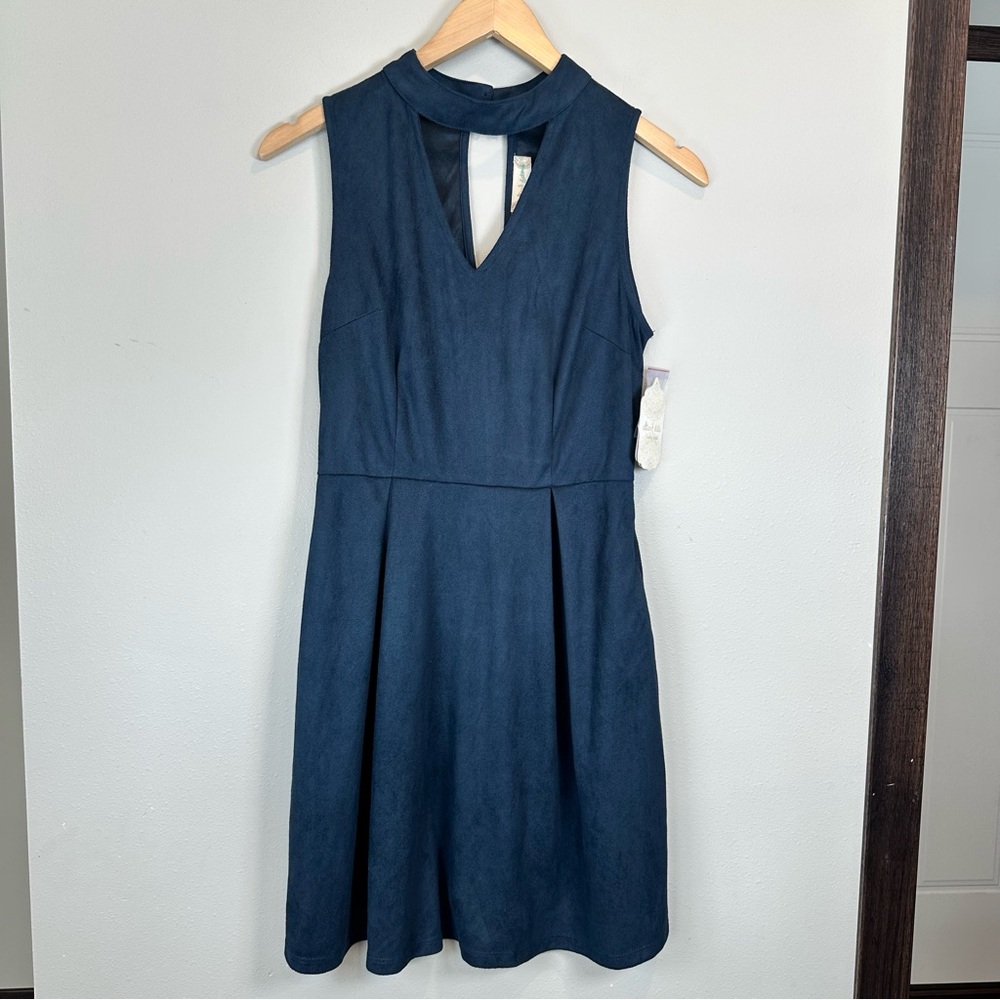 Altar’d State Faux Suede Navy Blue Sleeveless Mini Dress Peep Hole Halter Neck